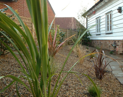 Phormiums work well with the stone and black bamboo. 