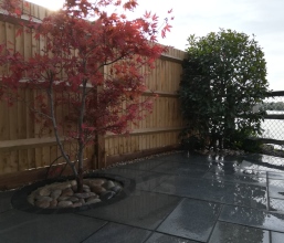 Patio in Chinese granite with limestone circle
